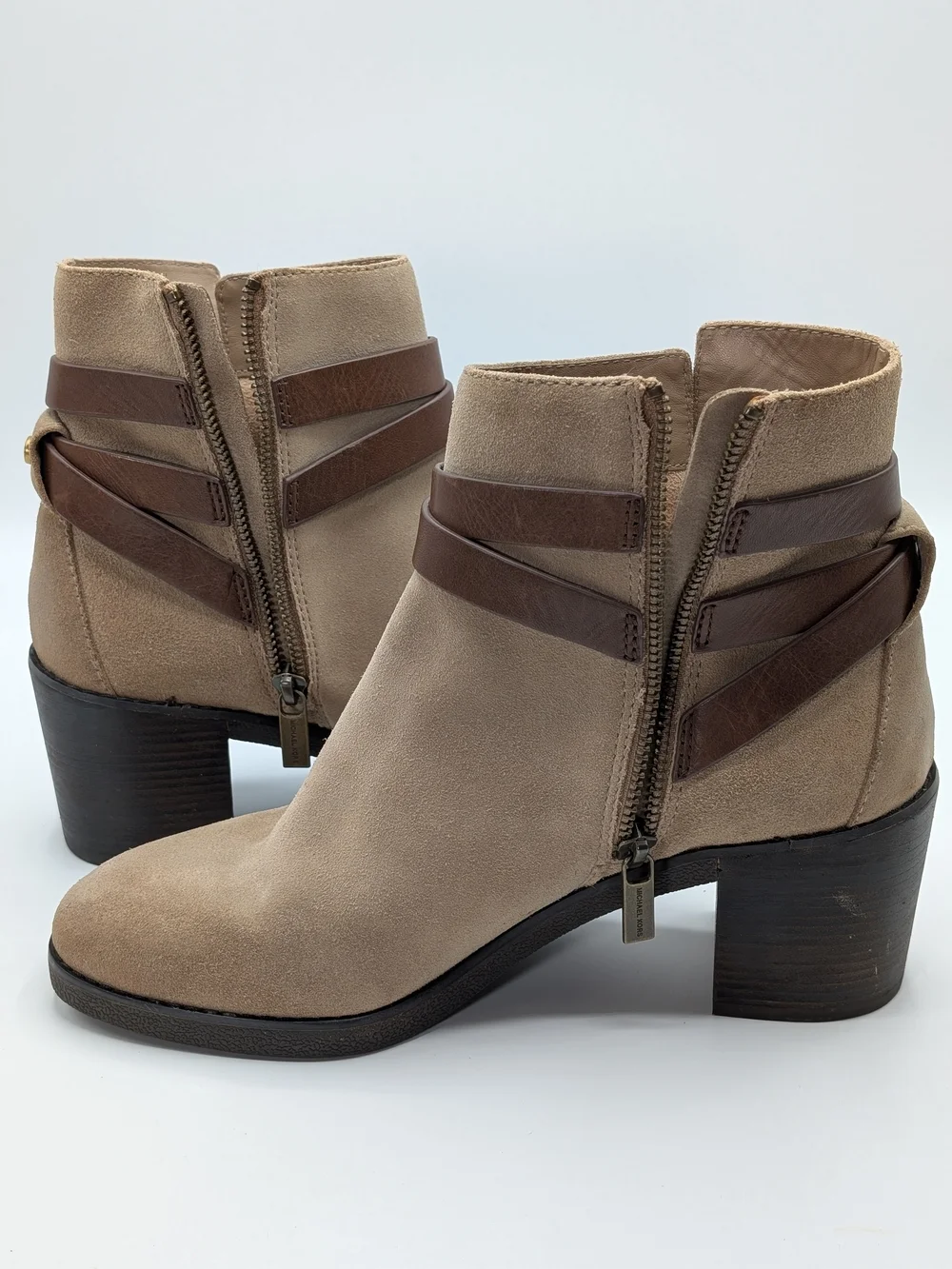 Michael Kors Women 8 Taupe Suede Ankle Boots Brown Leather Straps Block Heel